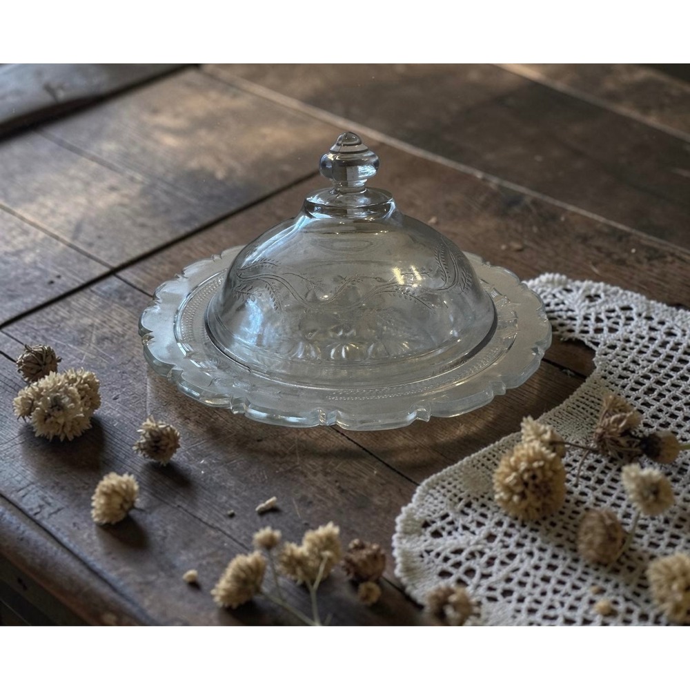 Vintage Clear Federal‎ Glass Round Butter Dish with Floral Scalloped Rim & Dome